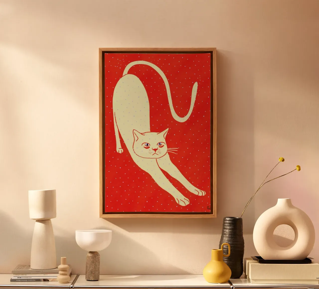 White Cat On Red Background tela da Be Mart