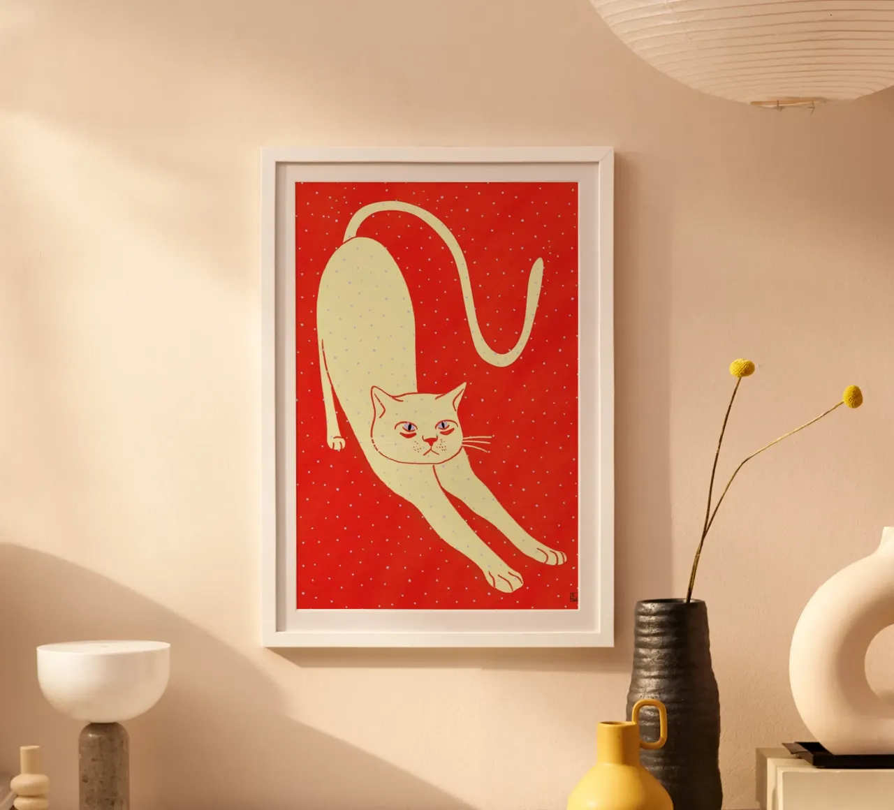 White Cat On Red Background carta hahnemühle da Be Mart