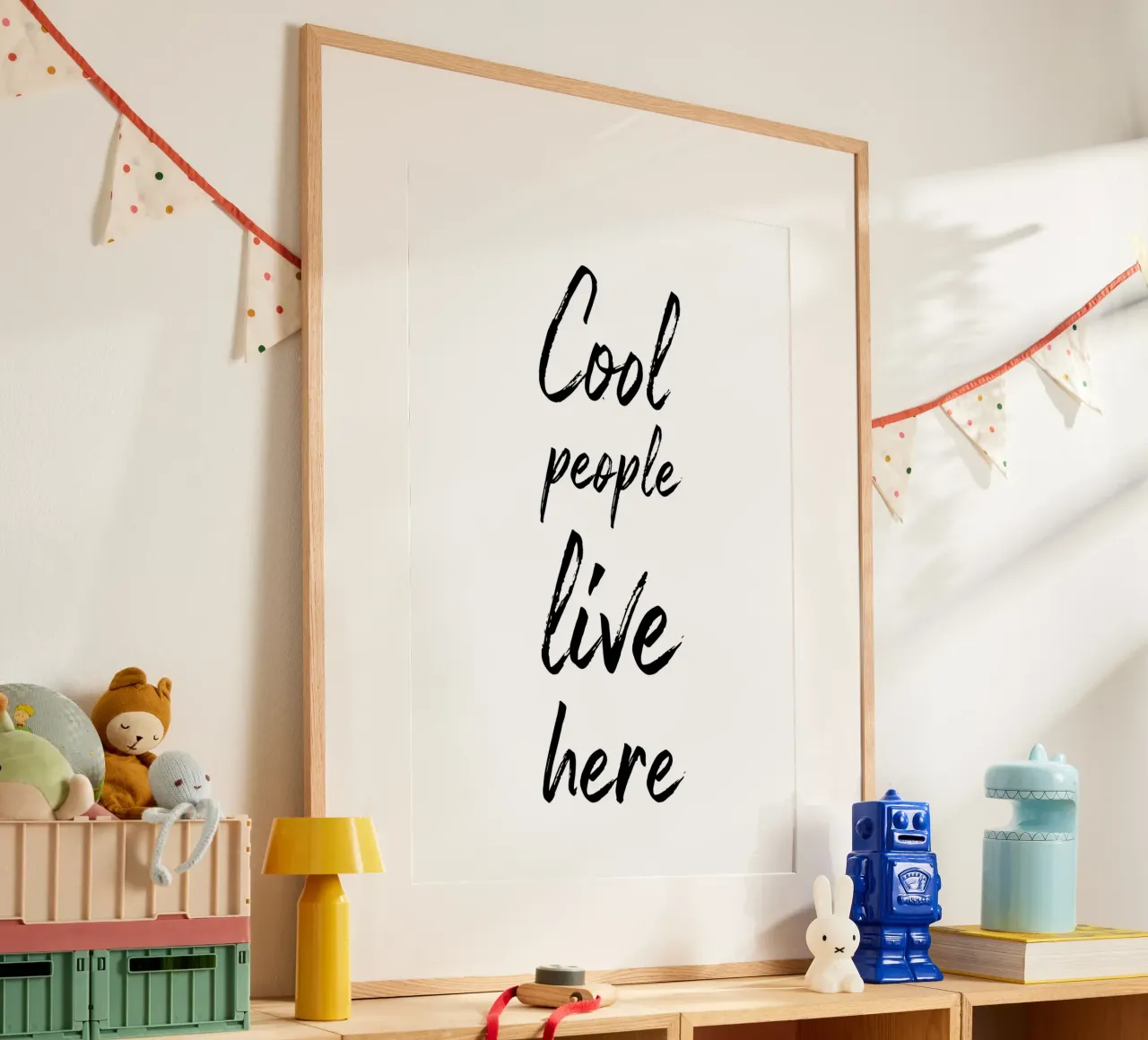 Cool People Live Here poster with wooden frame by Typo Designs