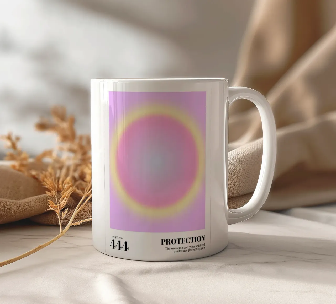 Engel Nr. 444 Bescherming Aura Print - Roze Geel Kleurverloop keramische mok van homdeco