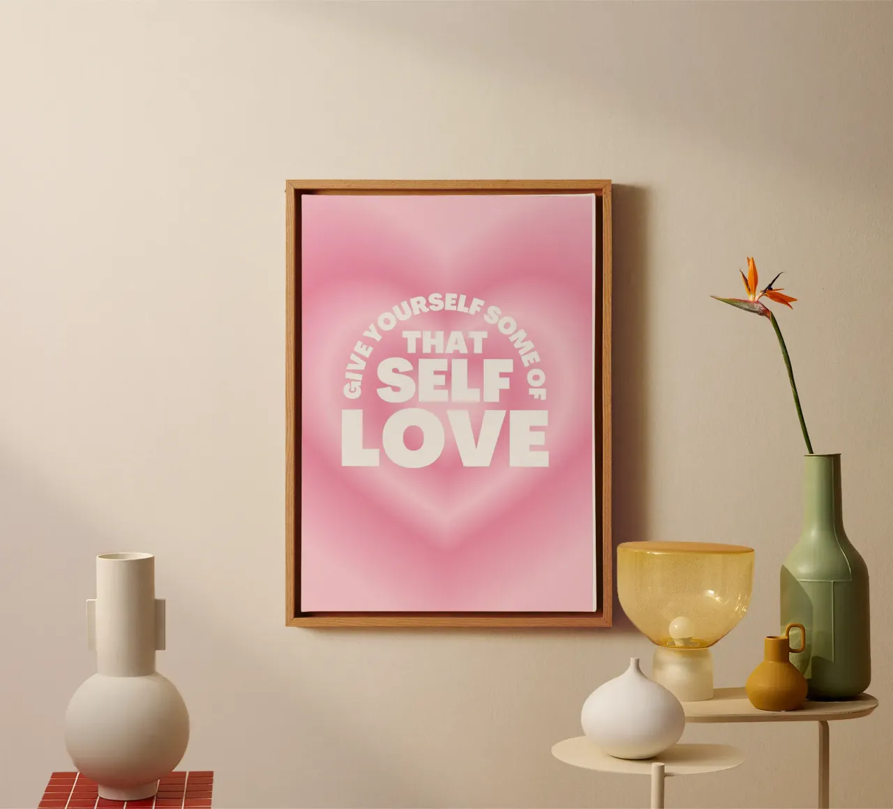 Geef jezelf wat zelfliefde - Roze hart aura print canvas met Baklijst van homdeco