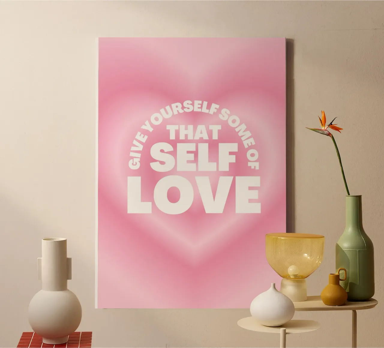 Geef jezelf wat zelfliefde - Roze hart aura print canvas met Baklijst van homdeco