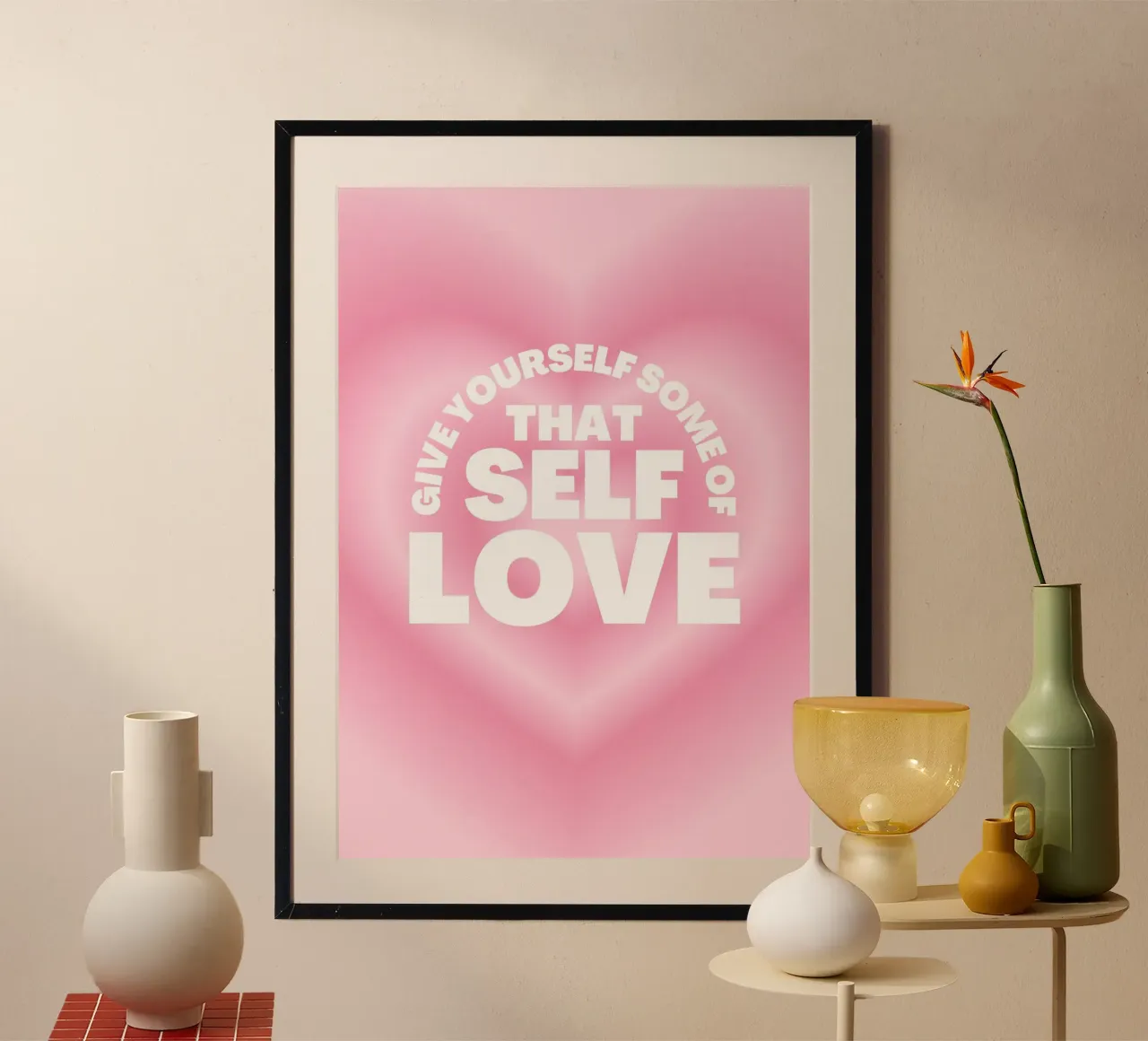 Schenken Sie sich etwas Selbstliebe - Pink Heart Aura Print Poster mit Kunststoffrahmen von homdeco