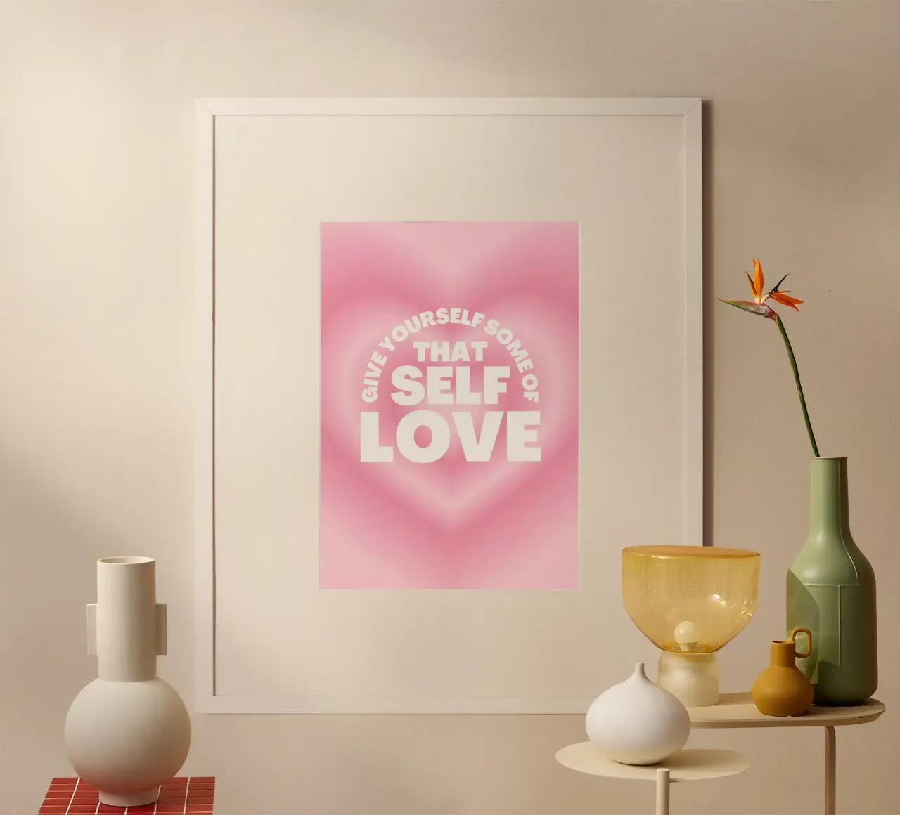 Schenken Sie sich etwas Selbstliebe - Pink Heart Aura Print Poster mit Kunststoffrahmen von homdeco