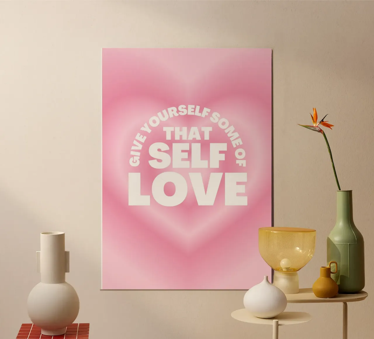 Schenken Sie sich etwas Selbstliebe - Pink Heart Aura Print Poster mit Kunststoffrahmen von homdeco