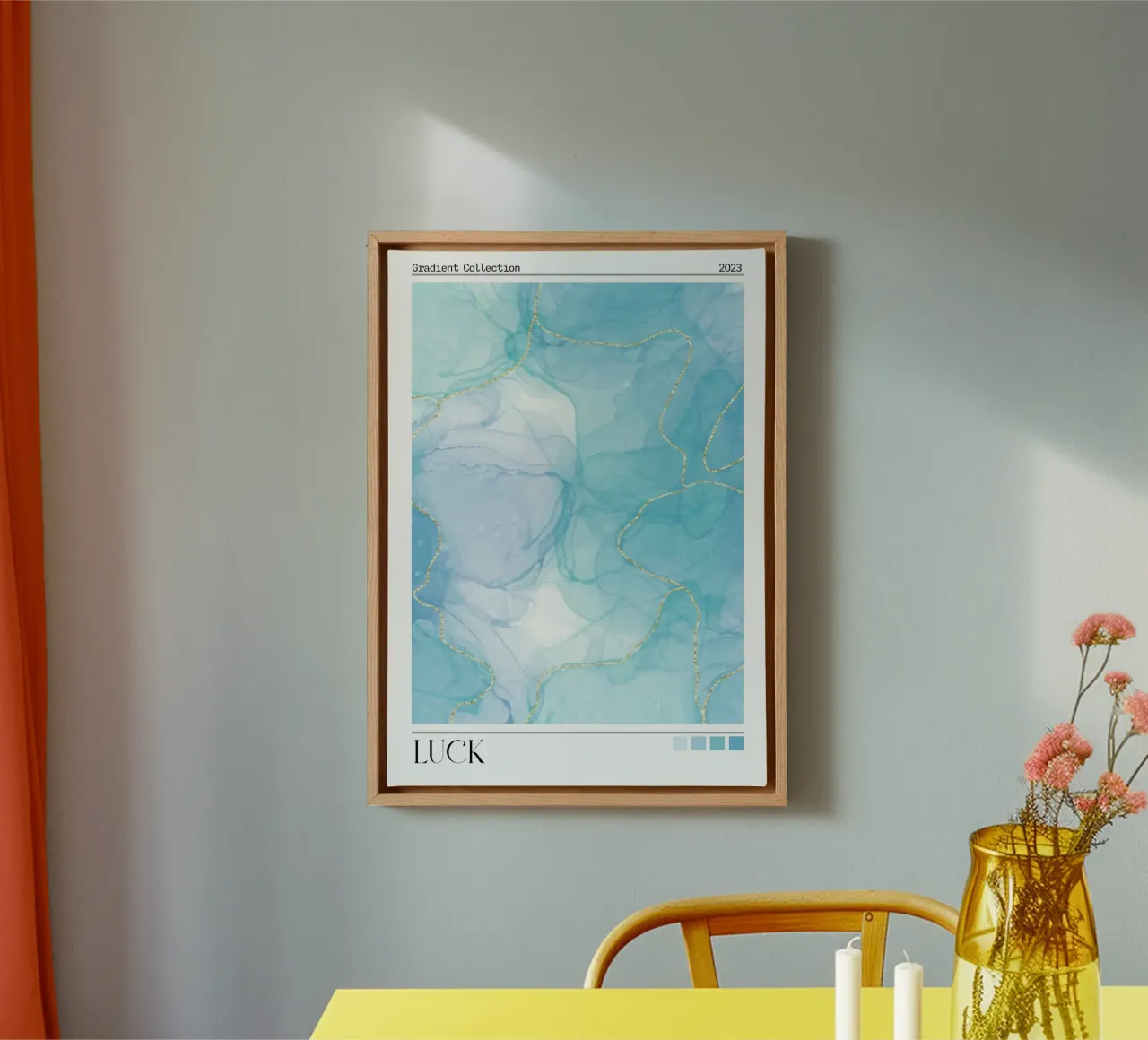 Geluk Blauw Goud Alcohol Inkt Kleurverloop Art Print canvas met Baklijst van homdeco