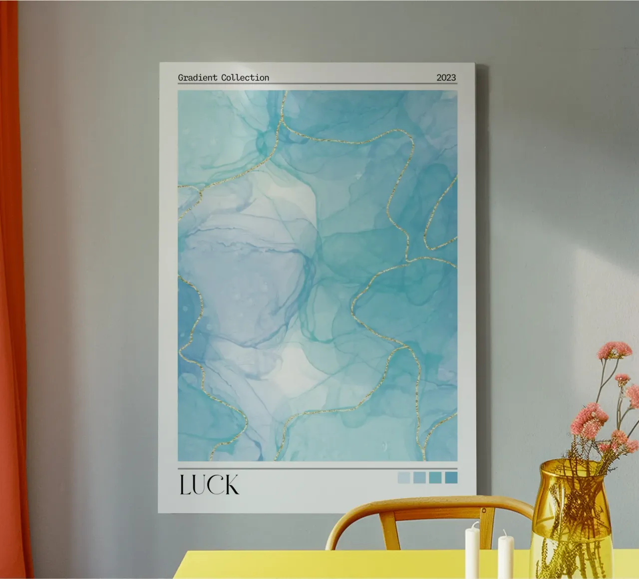 Geluk Blauw Goud Alcohol Inkt Kleurverloop Art Print canvas met Baklijst van homdeco