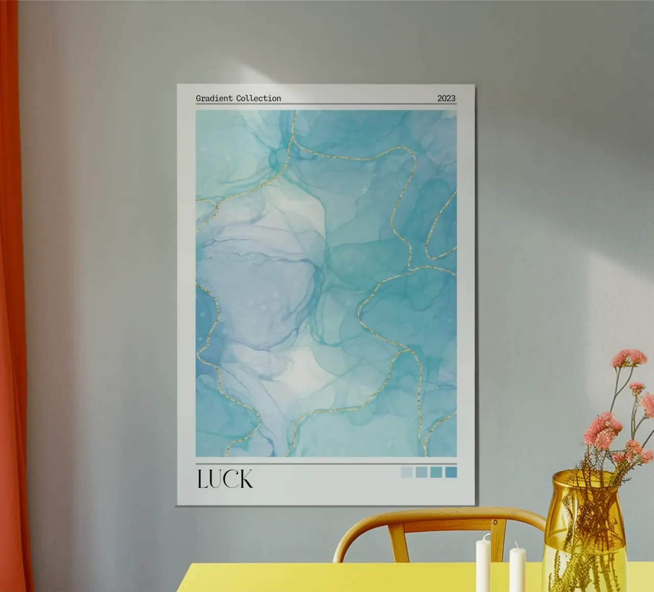 Stampa d'arte con inchiostro ad alcool blu, oro e fortuna poster con telaio in alluminio da homdeco