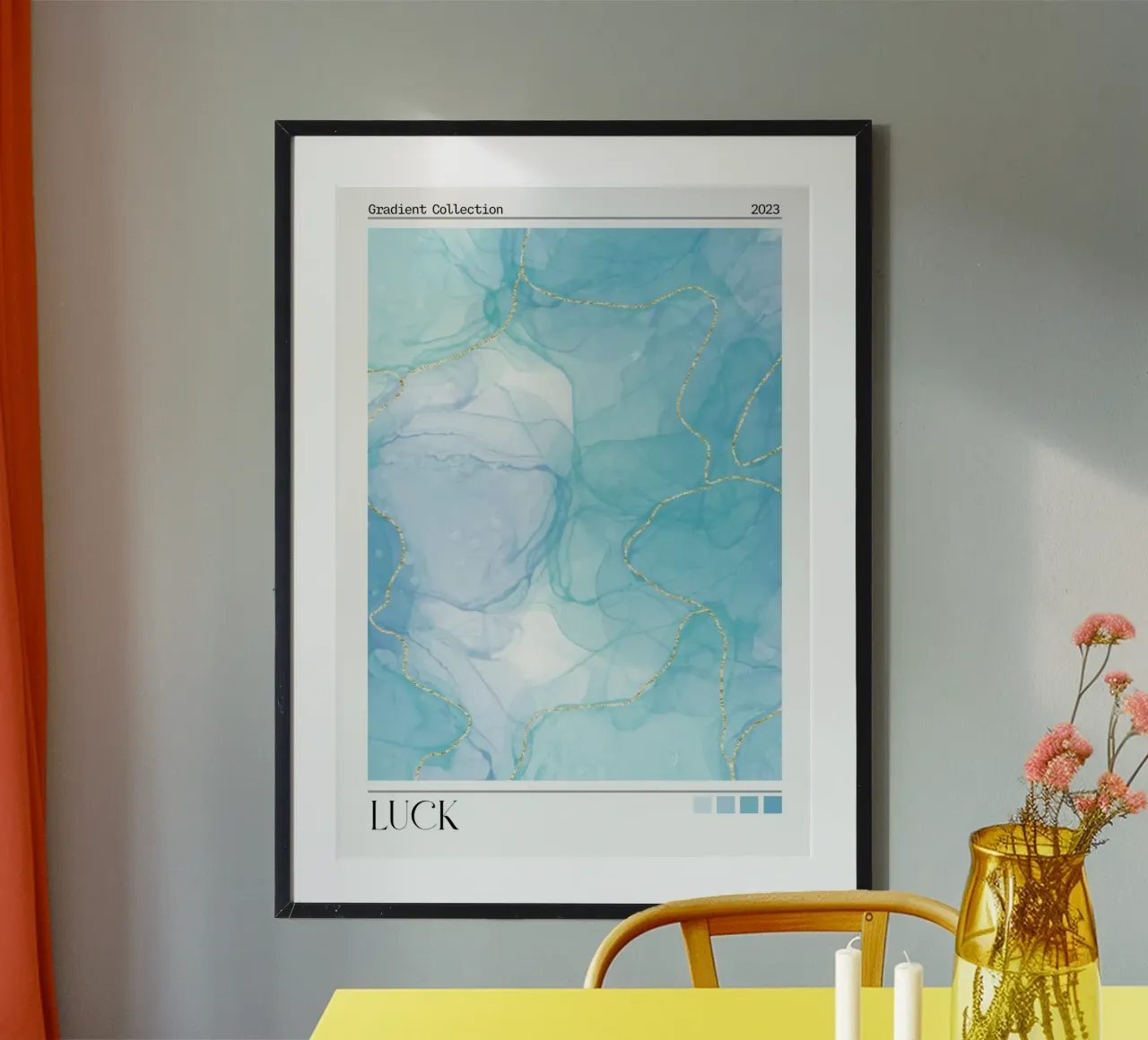 Stampa d'arte con inchiostro ad alcool blu, oro e fortuna poster con telaio in alluminio da homdeco