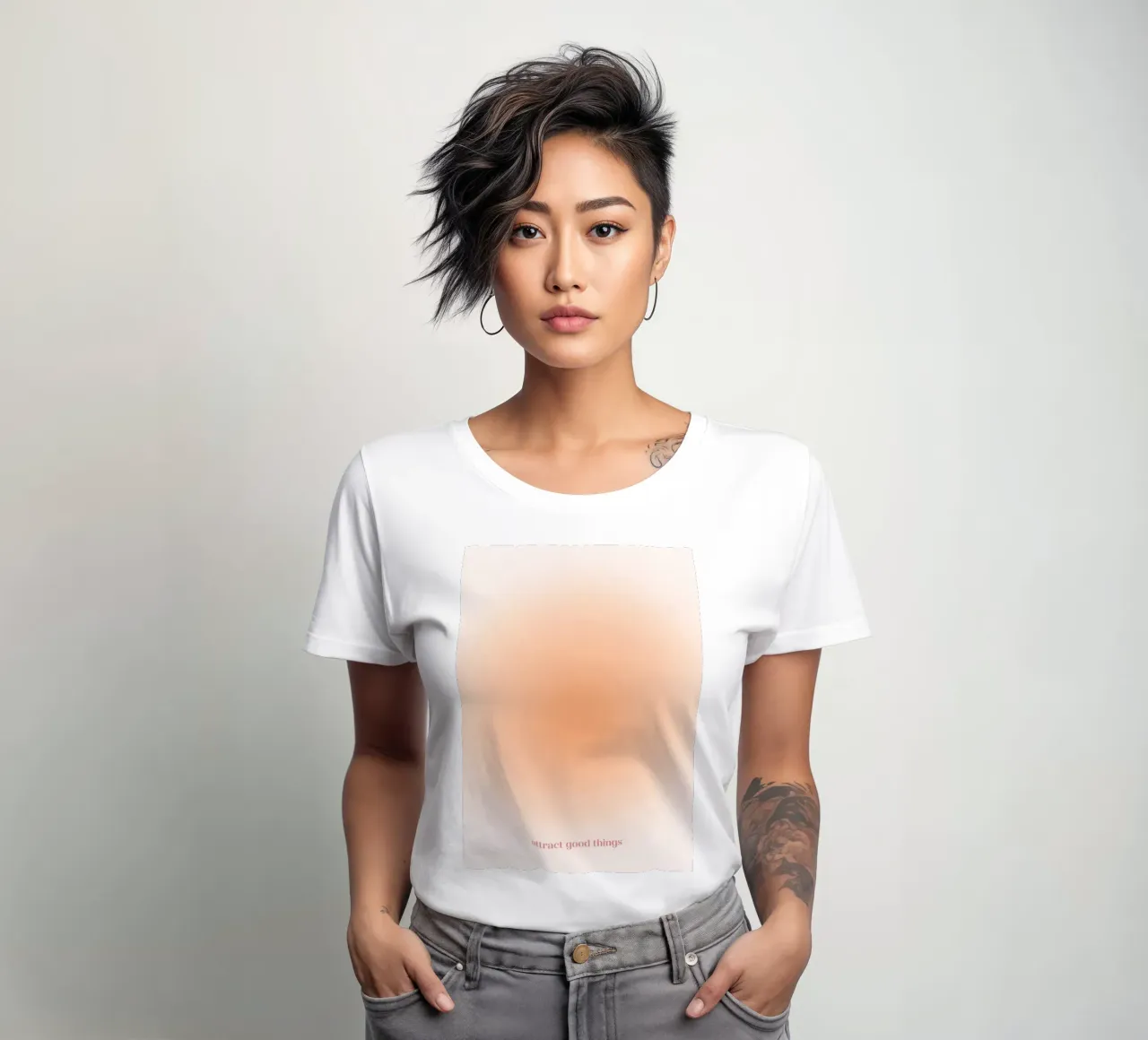 Attract Good Things Peach Aura Gradient Print women's fitted t-shirt by homdeco
