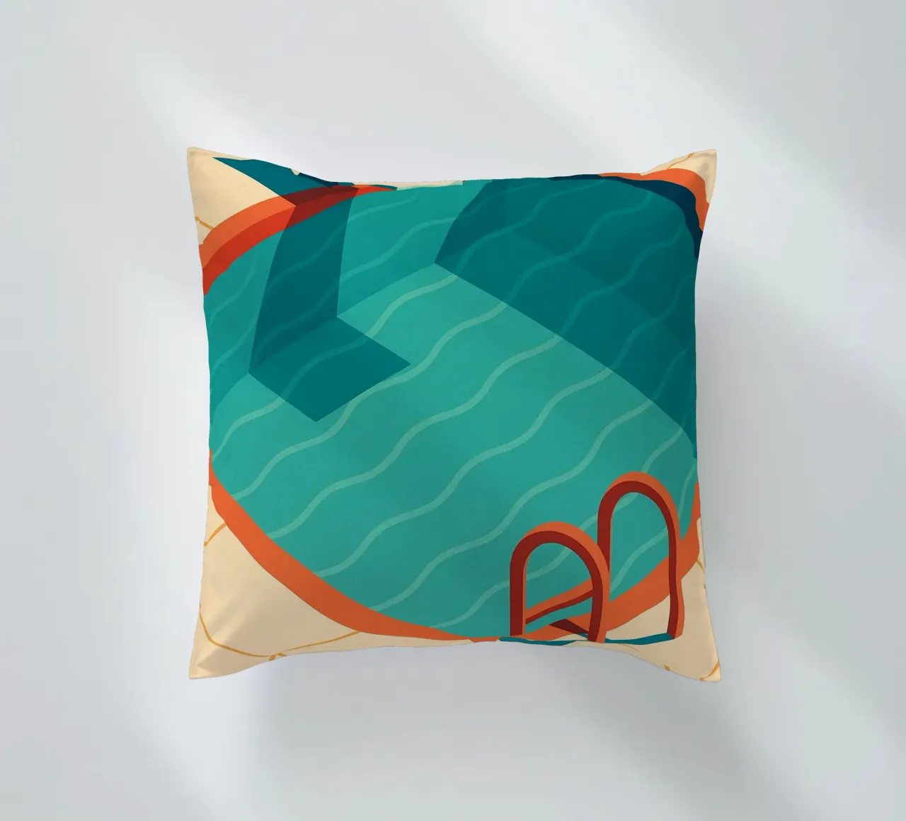 Scala arancione in una piscina estiva con riflessi blu cuscino da JETLAG | affiches voyage