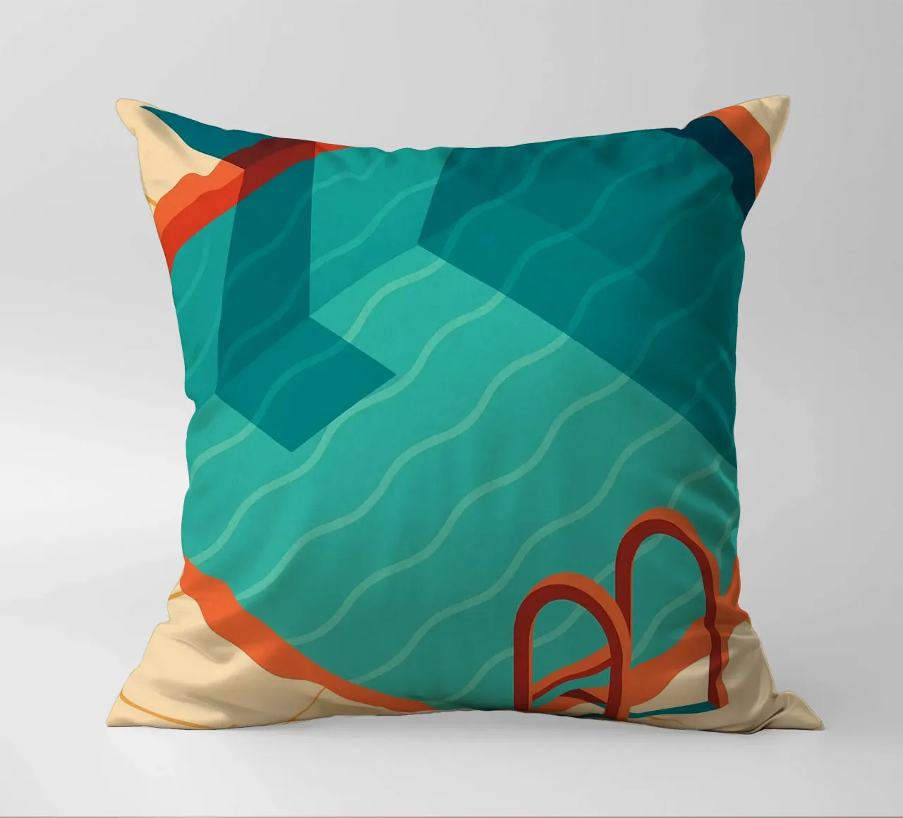 Scala arancione in una piscina estiva con riflessi blu cuscino da JETLAG | affiches voyage