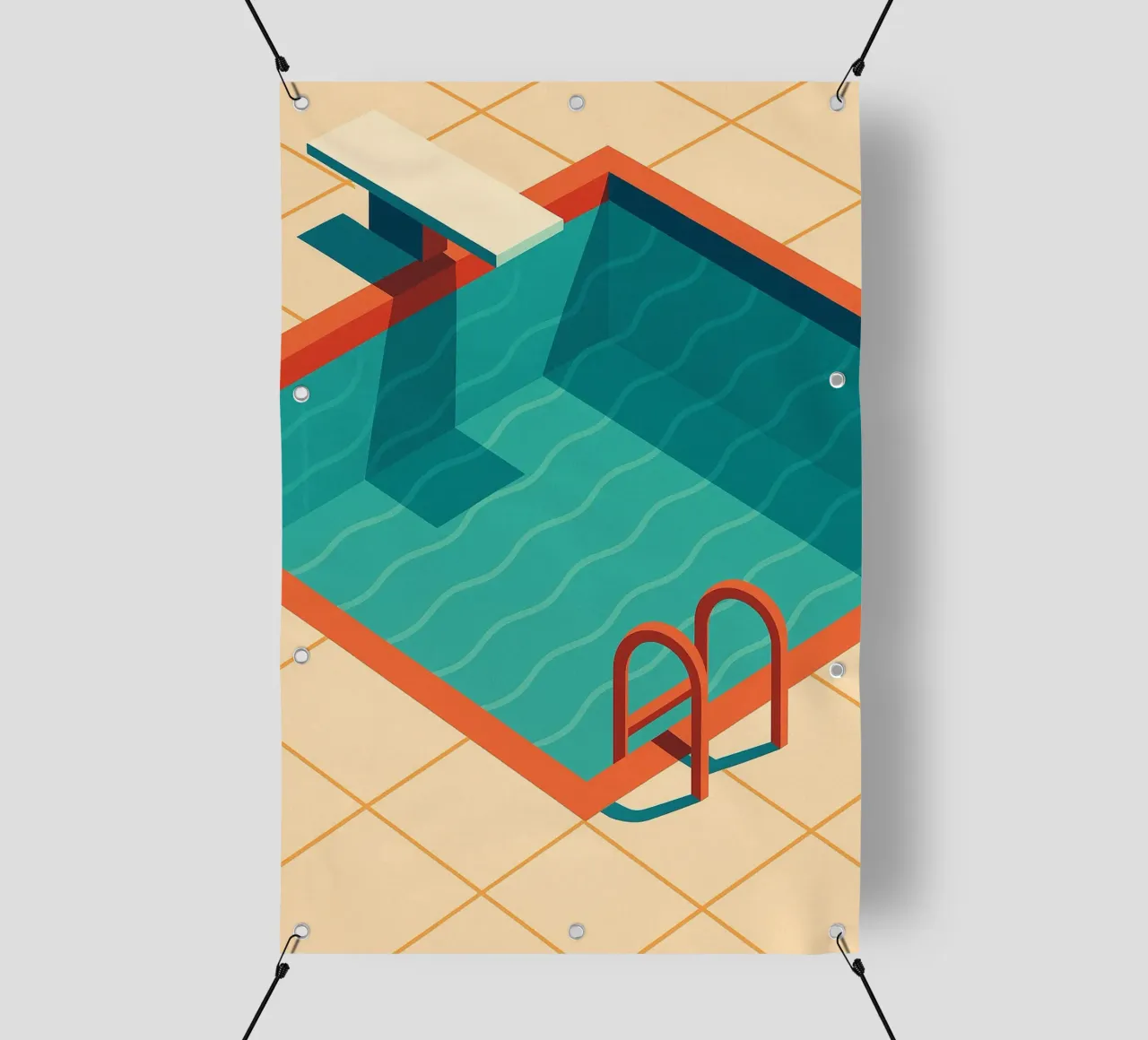 Scala arancione in una piscina estiva con riflessi blu telo in pvc da JETLAG | affiches voyage