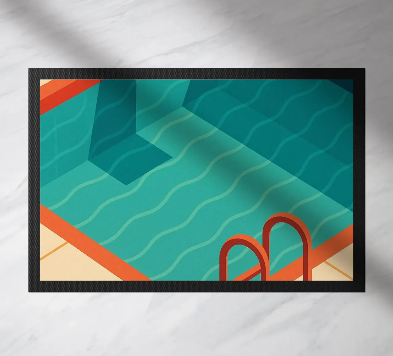 Scala arancione in una piscina estiva con riflessi blu zerbino da JETLAG | affiches voyage