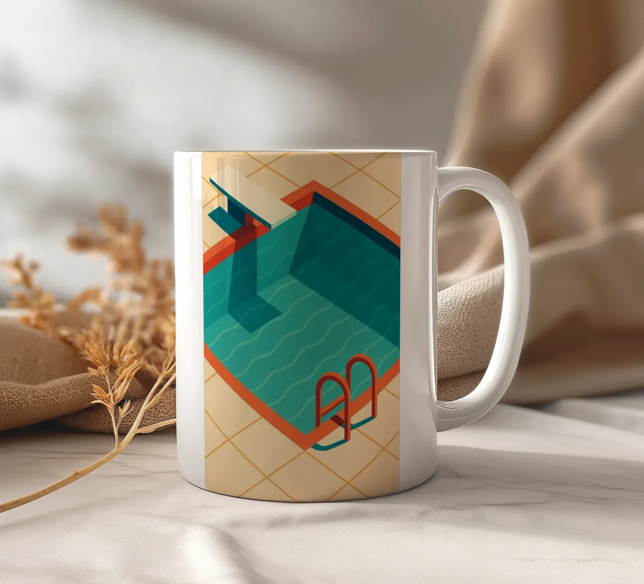 Scala arancione in una piscina estiva con riflessi blu tazza in ceramica da JETLAG | affiches voyage