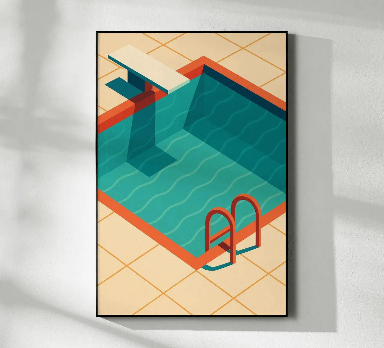 Scala arancione in una piscina estiva con riflessi blu plexiglass da JETLAG | affiches voyage