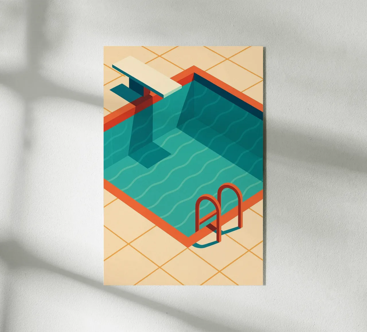 Scala arancione in una piscina estiva con riflessi blu plexiglass da JETLAG | affiches voyage