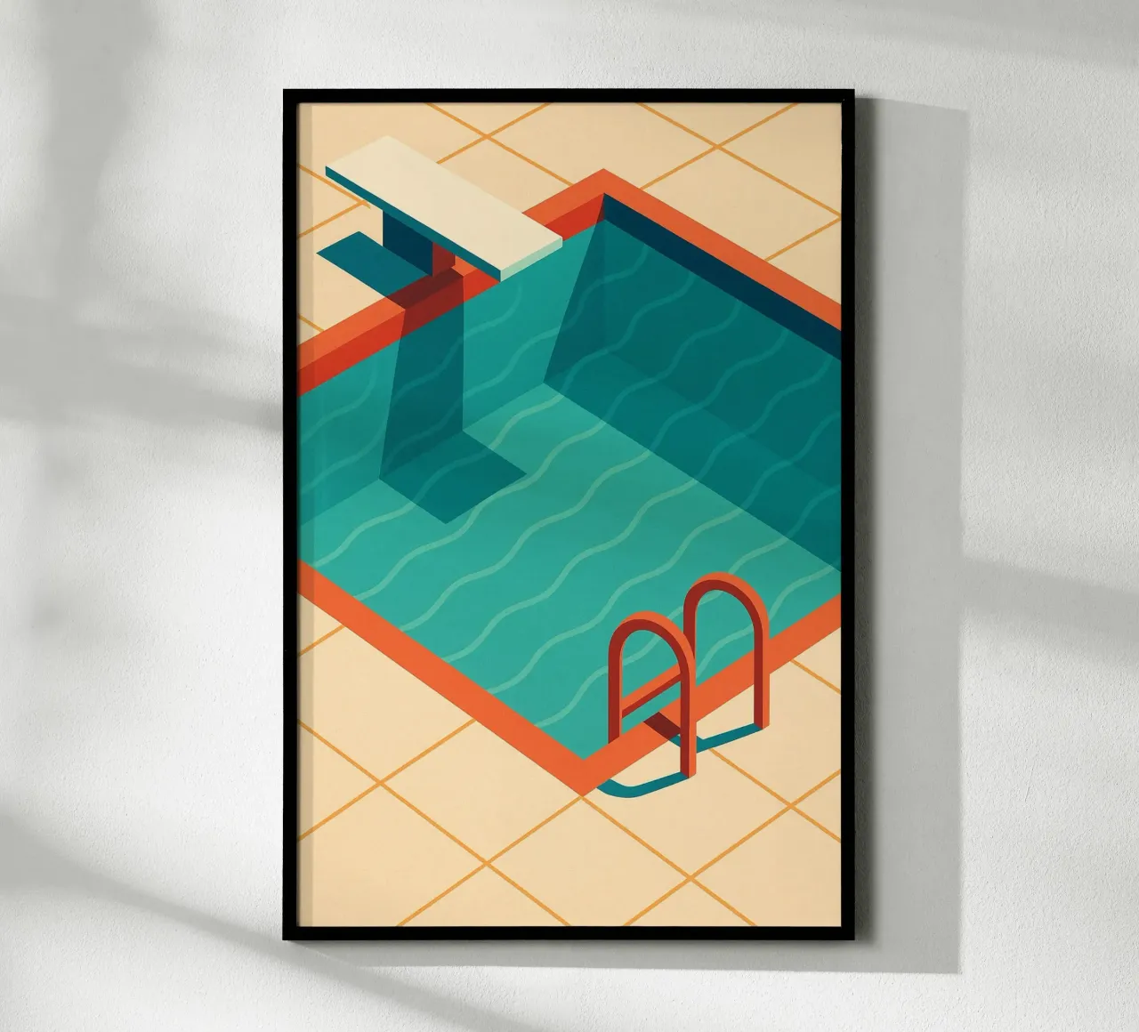 Scala arancione in una piscina estiva con riflessi blu carta hahnemühle da JETLAG | affiches voyage