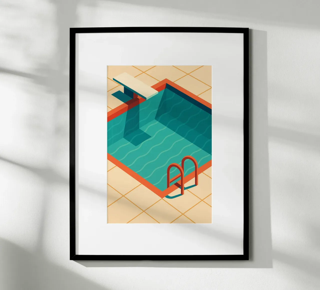 Scala arancione in una piscina estiva con riflessi blu carta hahnemühle da JETLAG | affiches voyage