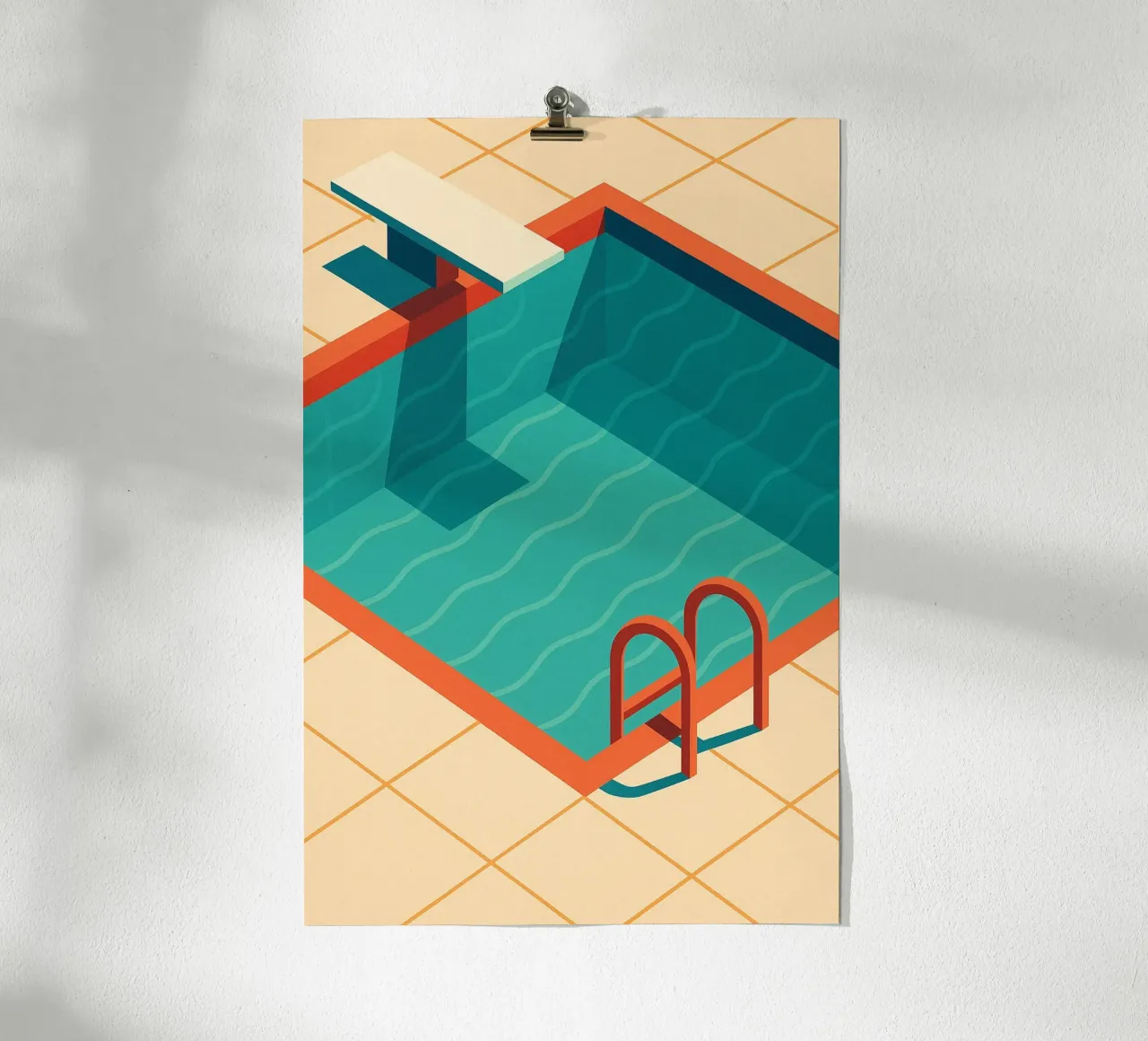 Scala arancione in una piscina estiva con riflessi blu carta hahnemühle da JETLAG | affiches voyage