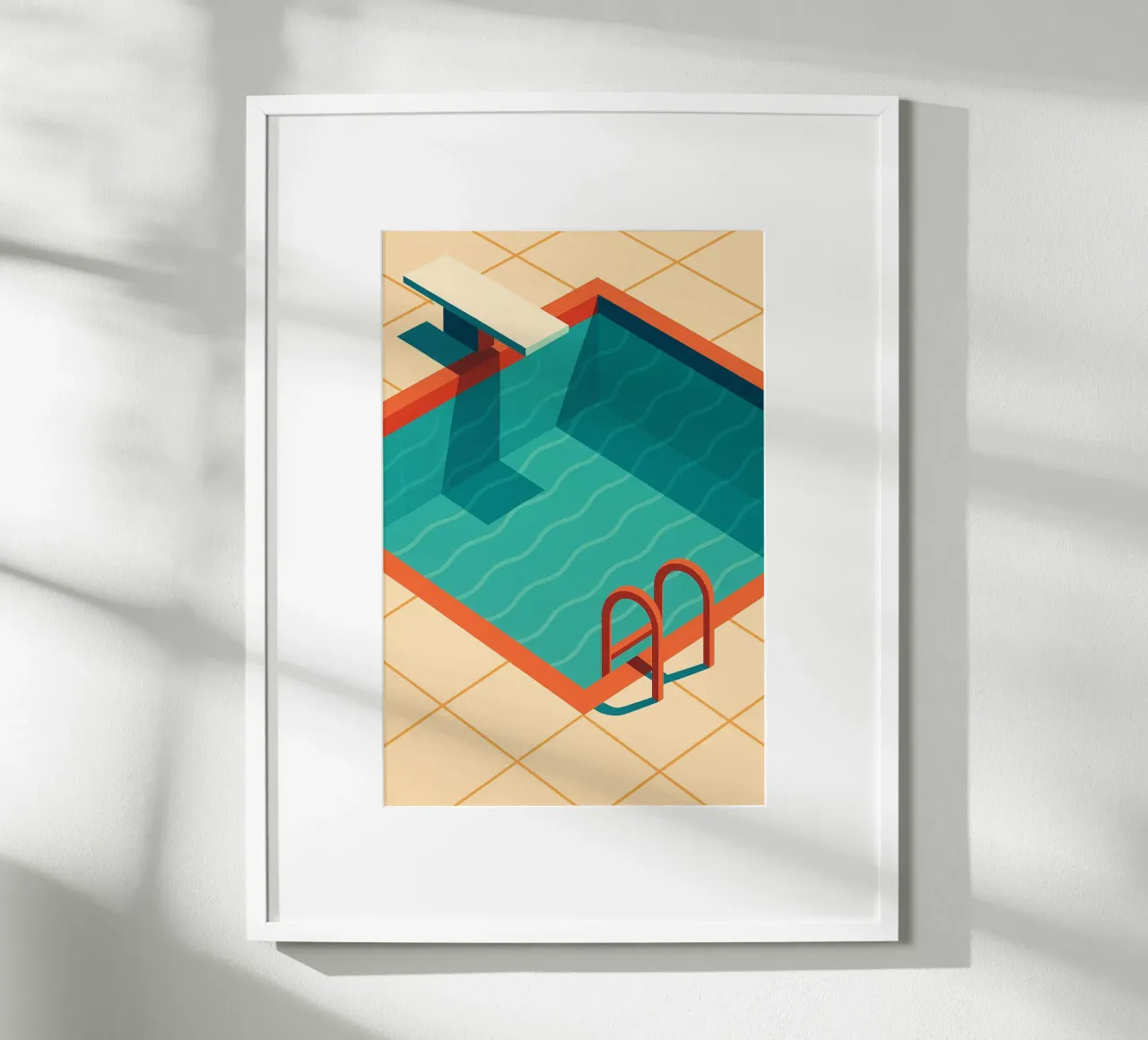 Scala arancione in una piscina estiva con riflessi blu carta hahnemühle da JETLAG | affiches voyage
