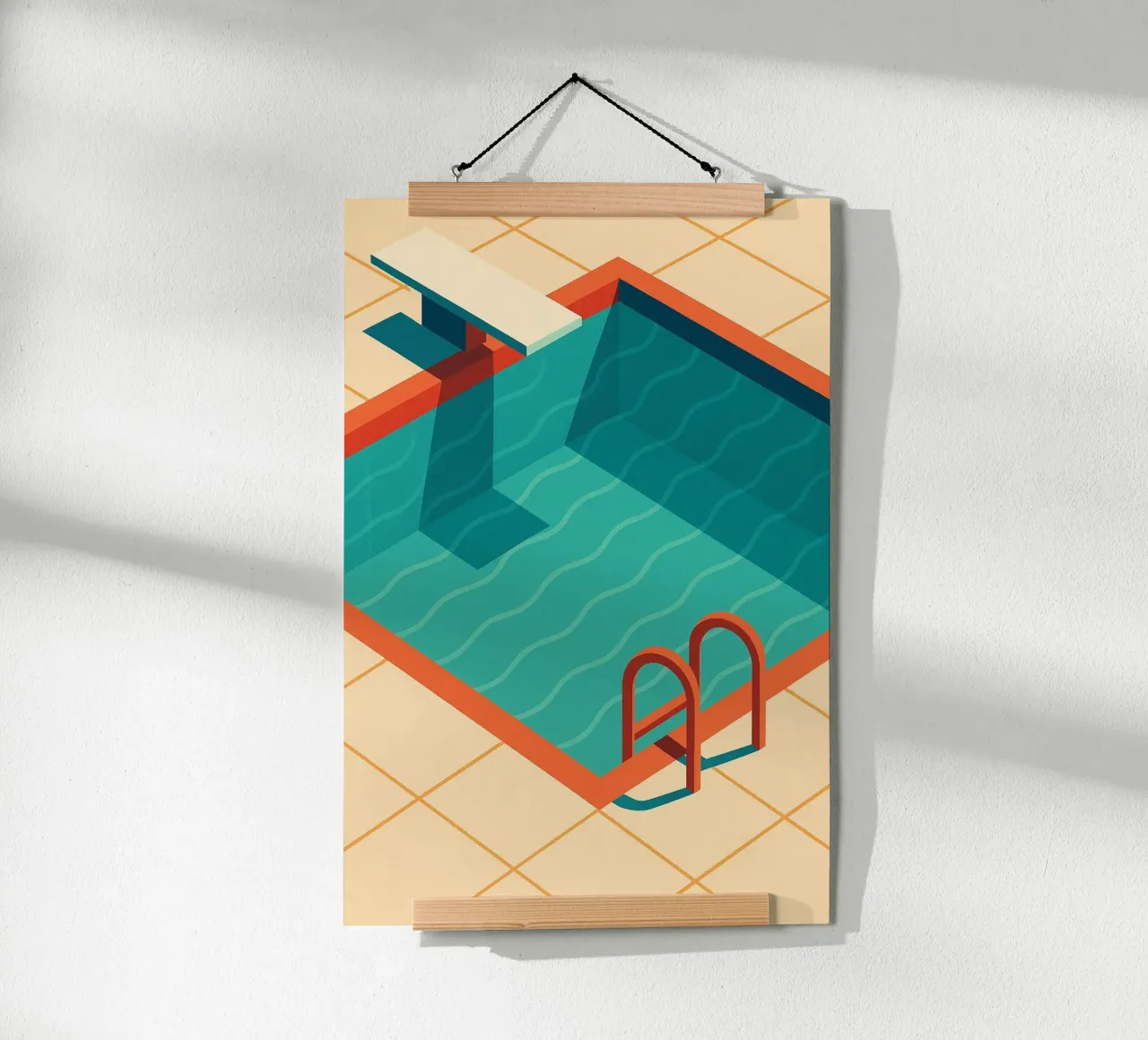 Scala arancione in una piscina estiva con riflessi blu carta hahnemühle da JETLAG | affiches voyage