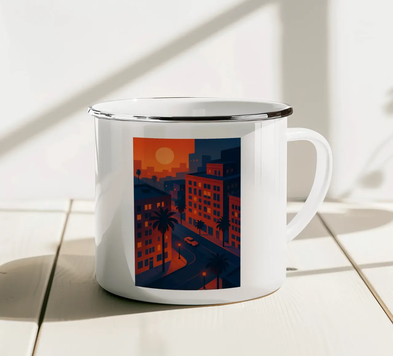 Strada della città al tramonto con palme tazza in smalto da JETLAG | affiches voyage