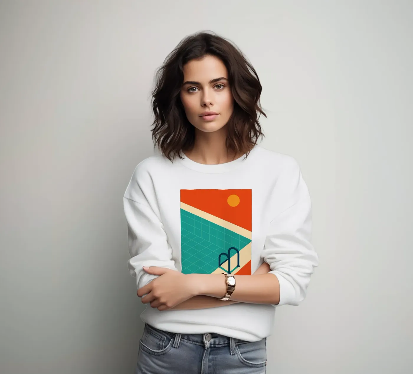 Minimalist retro pool in orange sunshine sweatshirt van JETLAG | affiches voyage