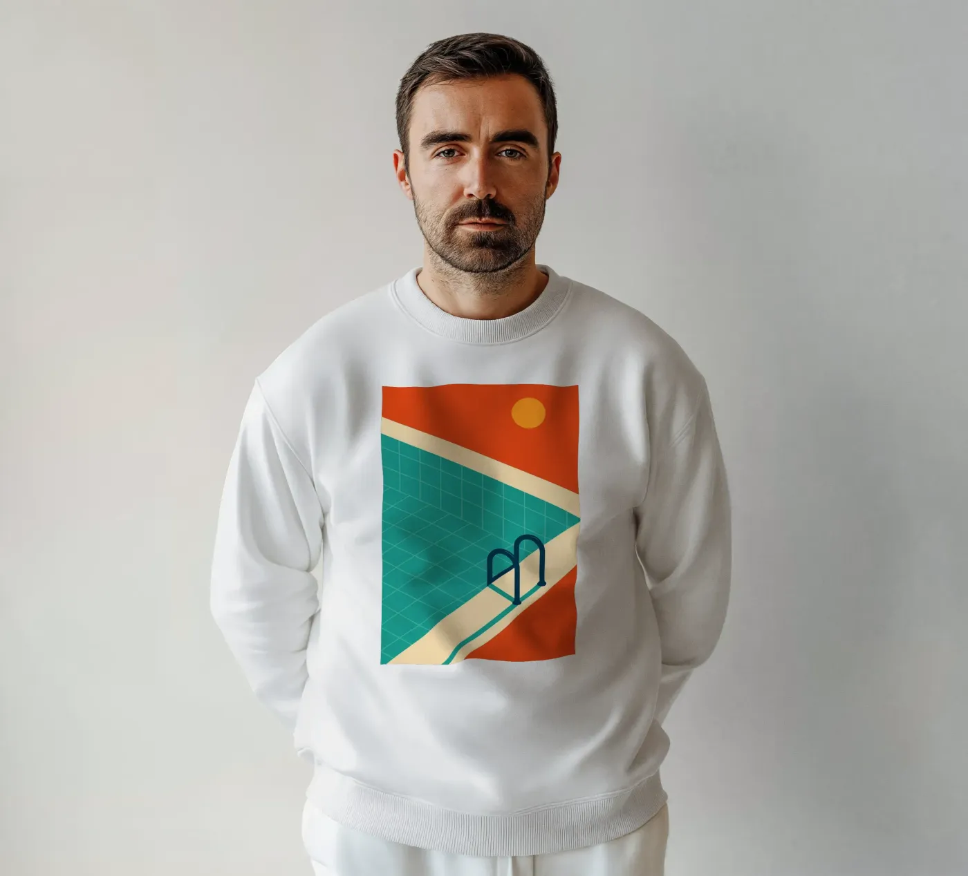 Minimalist retro pool in orange sunshine sweatshirt van JETLAG | affiches voyage