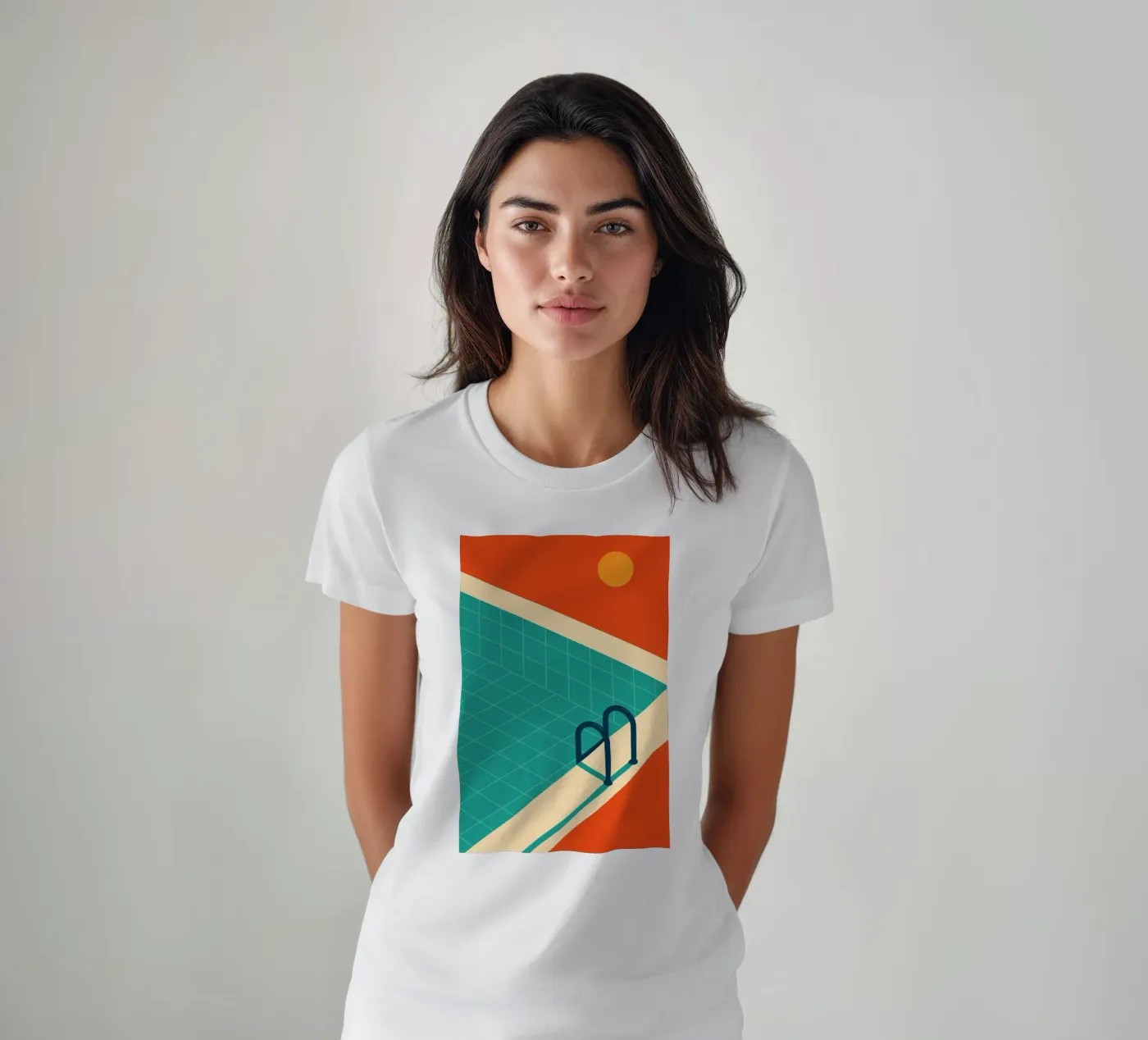 Minimalistisch retro zwembad in oranje zon t-shirt van JETLAG | affiches voyage