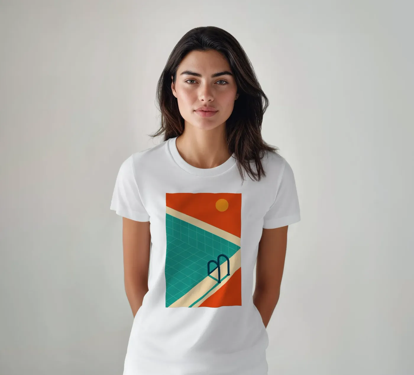 Piscina minimalista retrò con sole arancione t-shirt da JETLAG | affiches voyage
