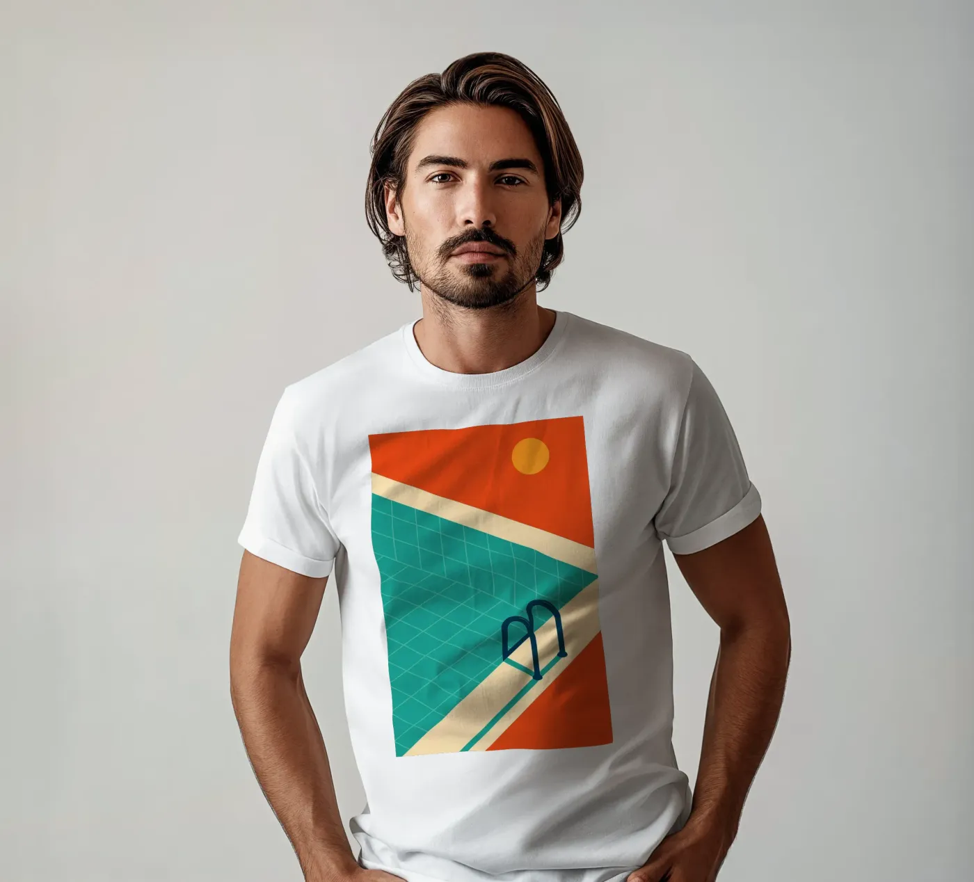 Minimalistisch retro zwembad in oranje zon t-shirt van JETLAG | affiches voyage