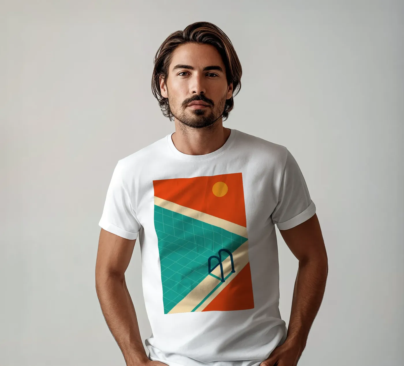 Piscina minimalista retrò con sole arancione t-shirt da JETLAG | affiches voyage
