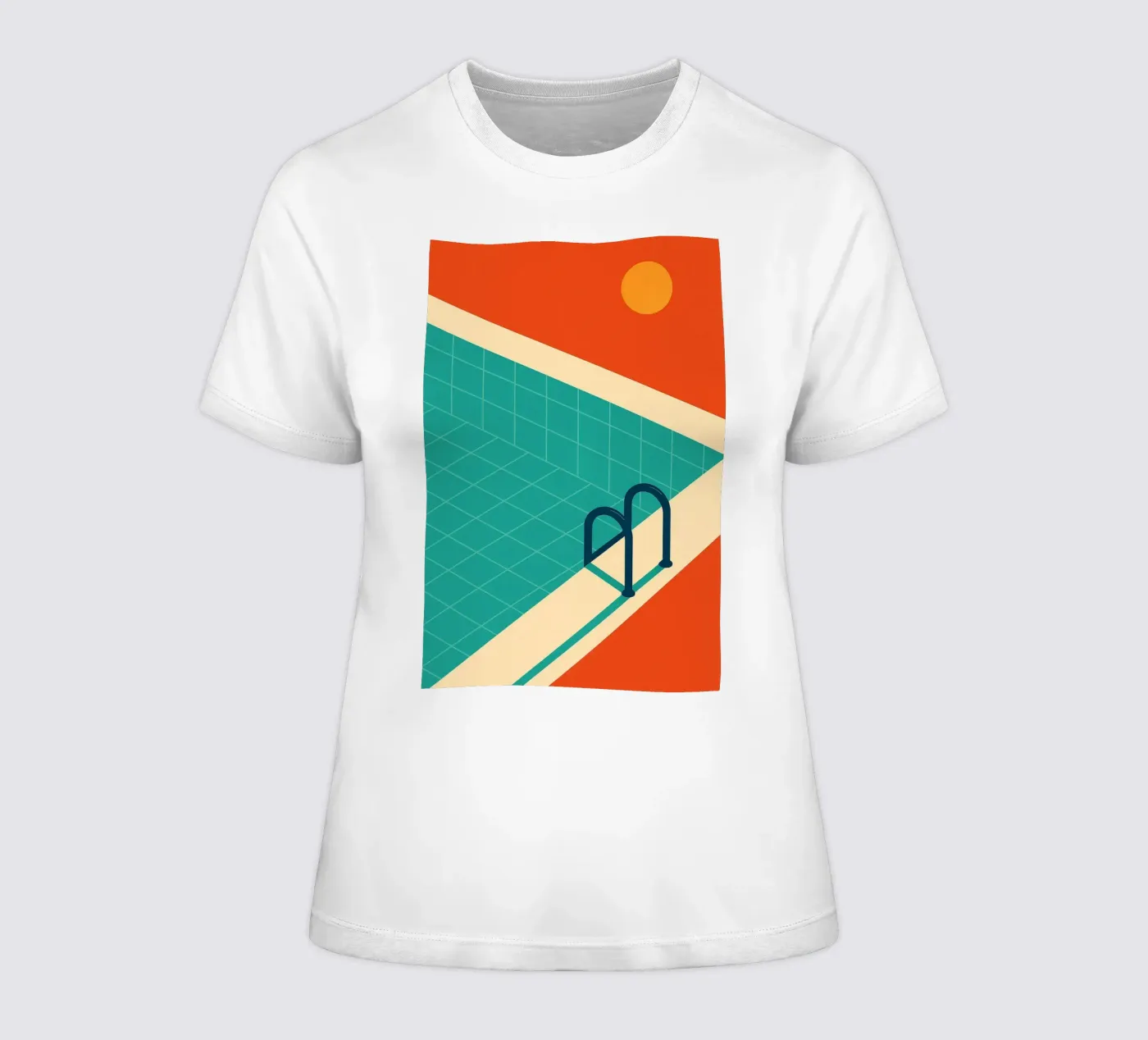 Minimalistisch retro zwembad in oranje zon dames t-shirt getailleerd van JETLAG | affiches voyage