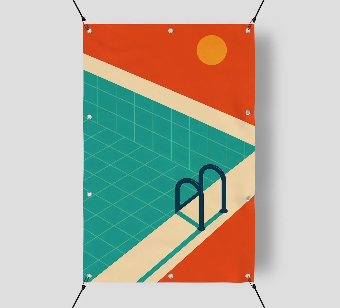 Piscina minimalista retrò con sole arancione telo in pvc da JETLAG | affiches voyage