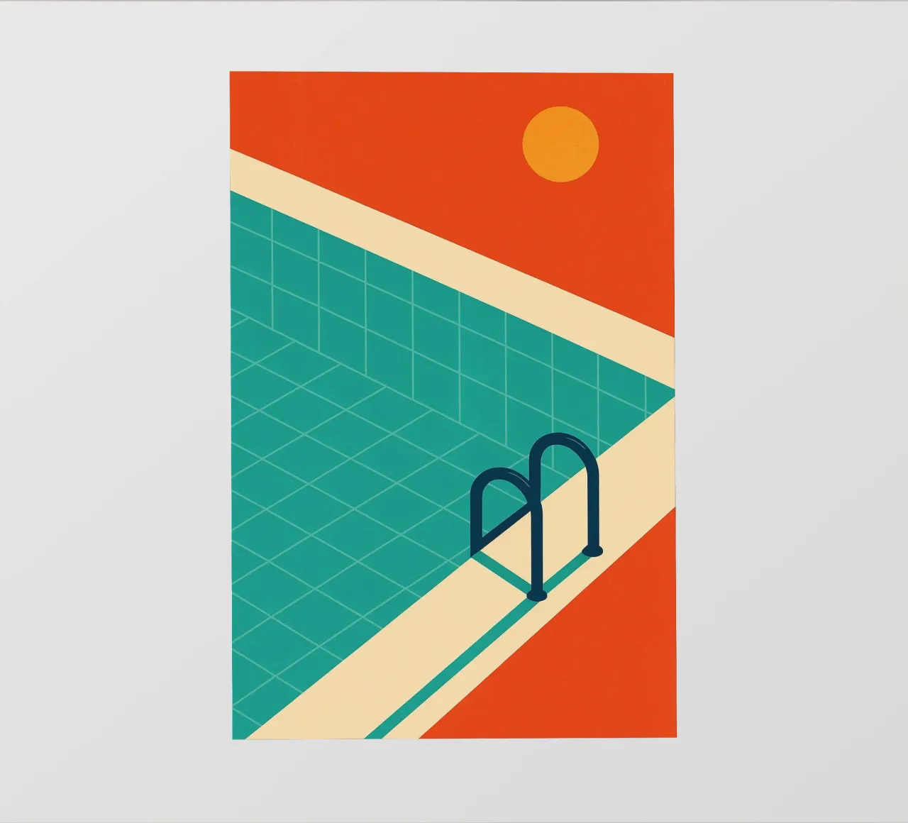 Piscina minimalista retrò con sole arancione telo in pvc da JETLAG | affiches voyage
