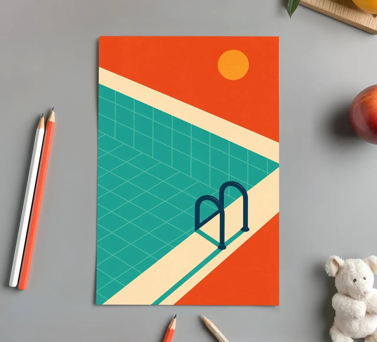 Minimalist retro pool in orange sunshine sticker sheet by JETLAG | affiches voyage