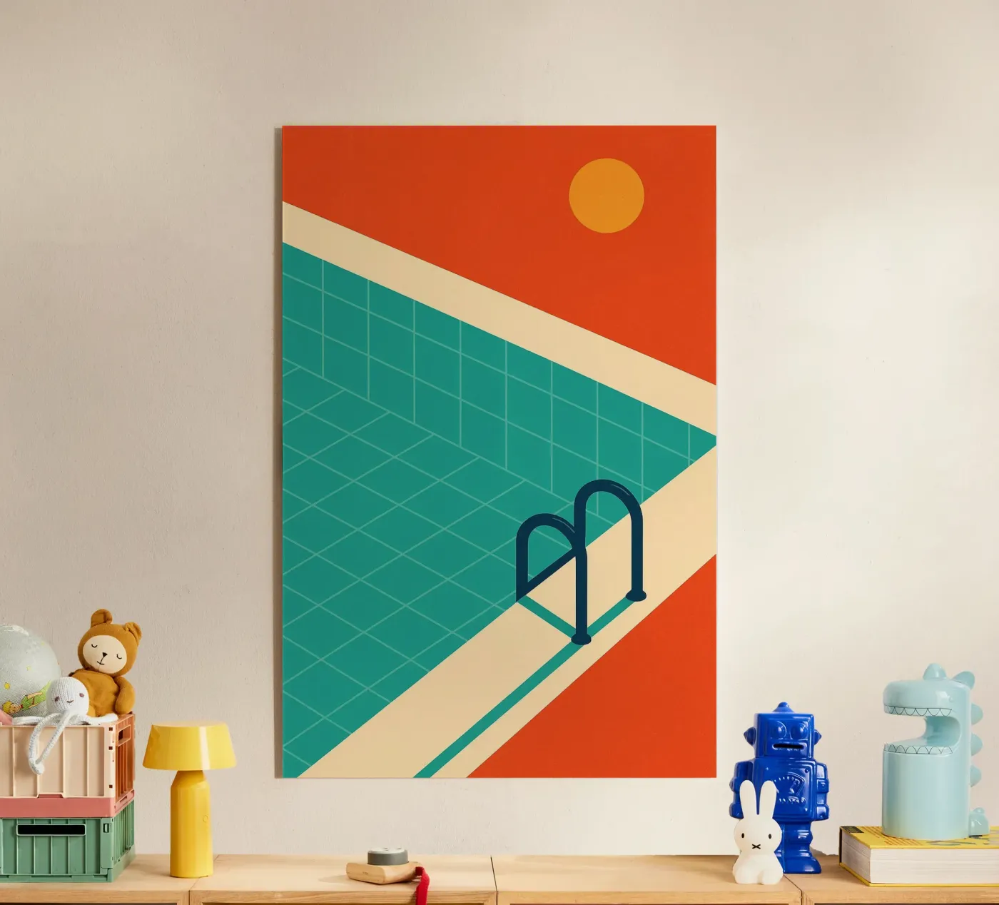 Piscina minimalista retrò con sole arancione plexiglass da JETLAG | affiches voyage
