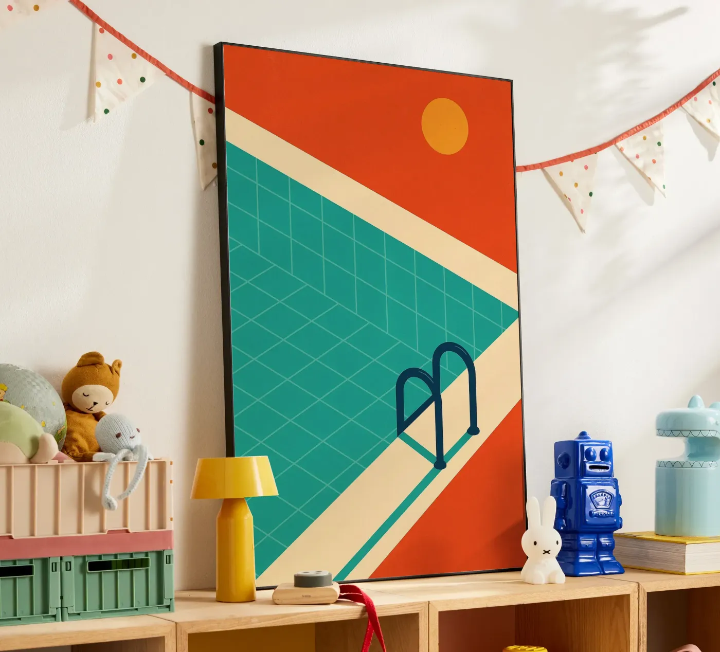 Piscina minimalista retrò con sole arancione pannello forex da JETLAG | affiches voyage