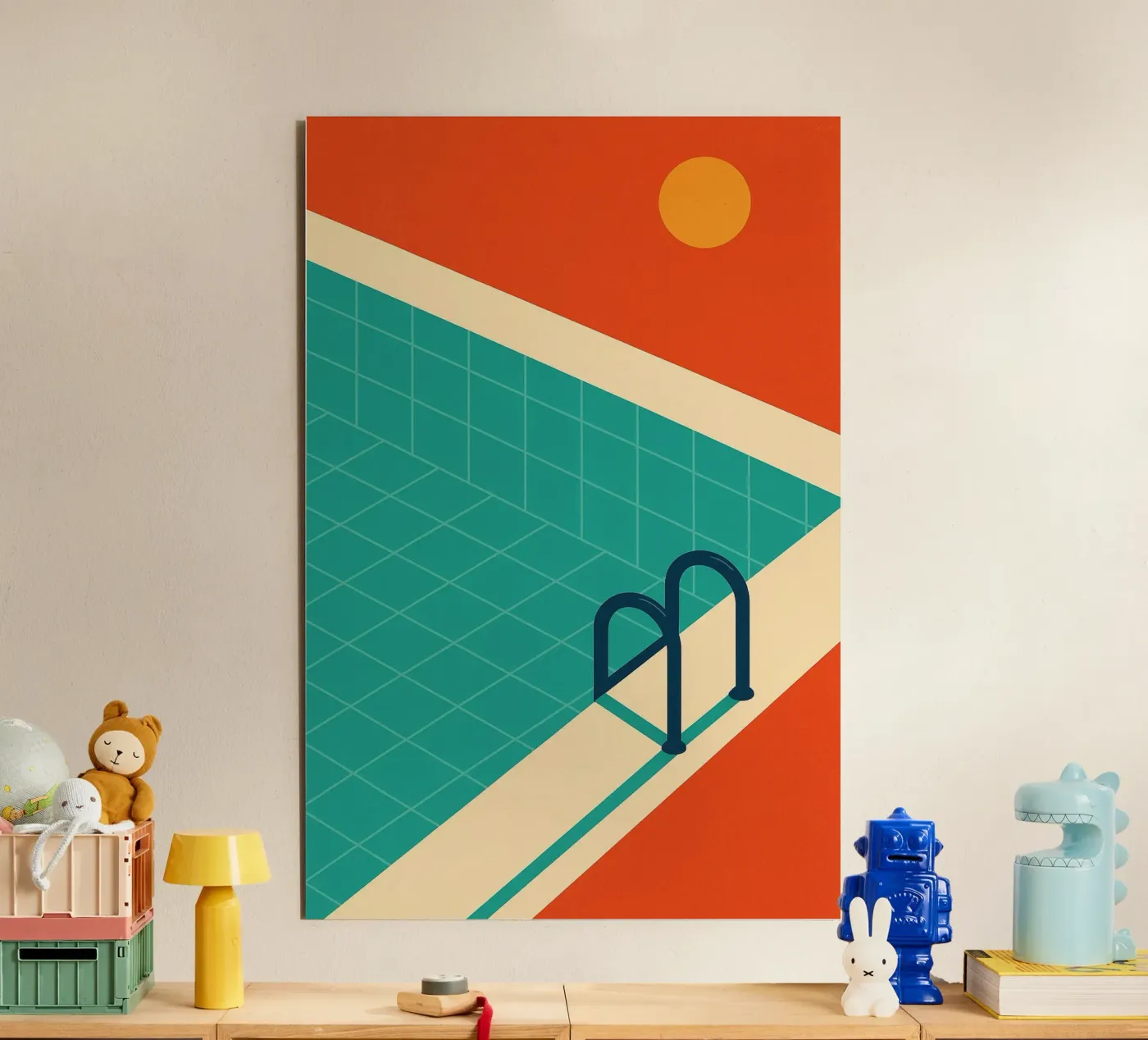 Piscina minimalista retrò con sole arancione pannello forex da JETLAG | affiches voyage