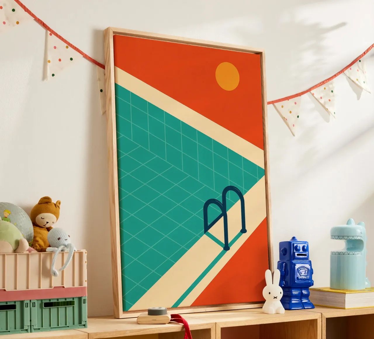 Piscina minimalista retrò con sole arancione tela da JETLAG | affiches voyage