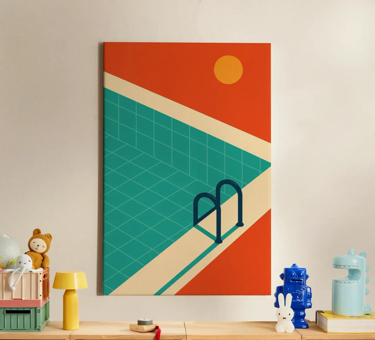 Piscina minimalista retrò con sole arancione tela da JETLAG | affiches voyage