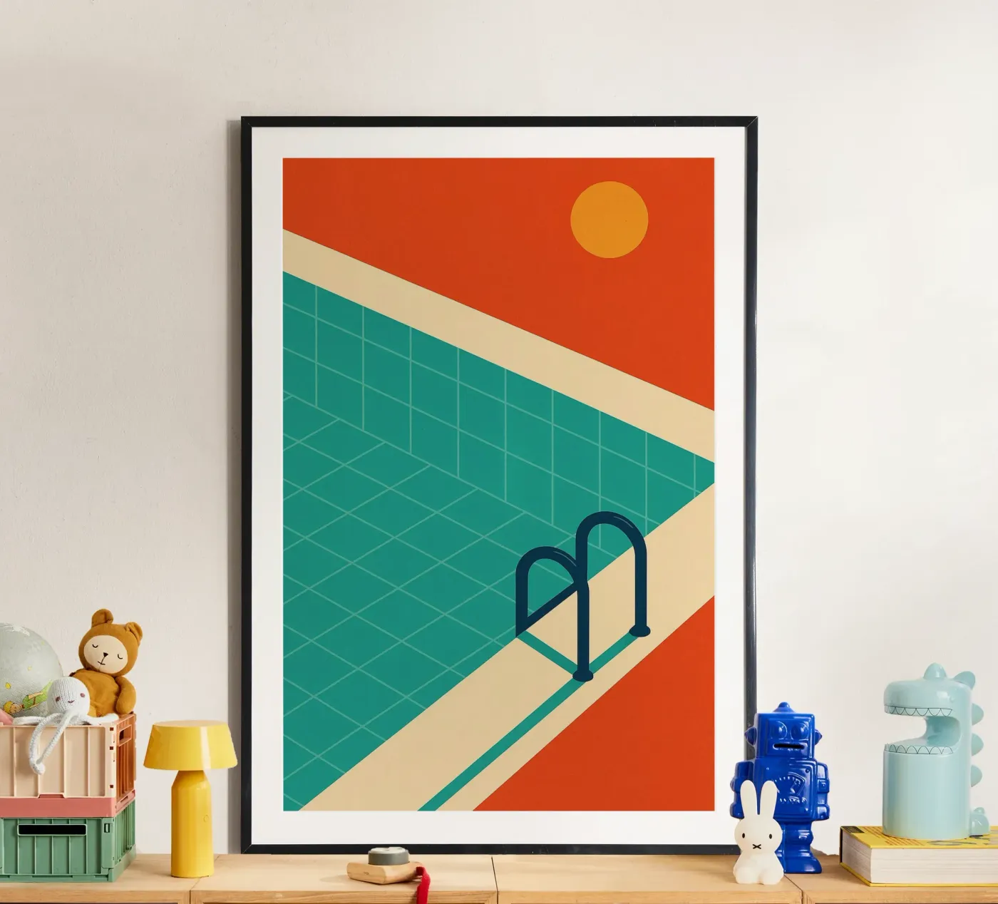 Piscina minimalista retrò con sole arancione carta hahnemühle da JETLAG | affiches voyage