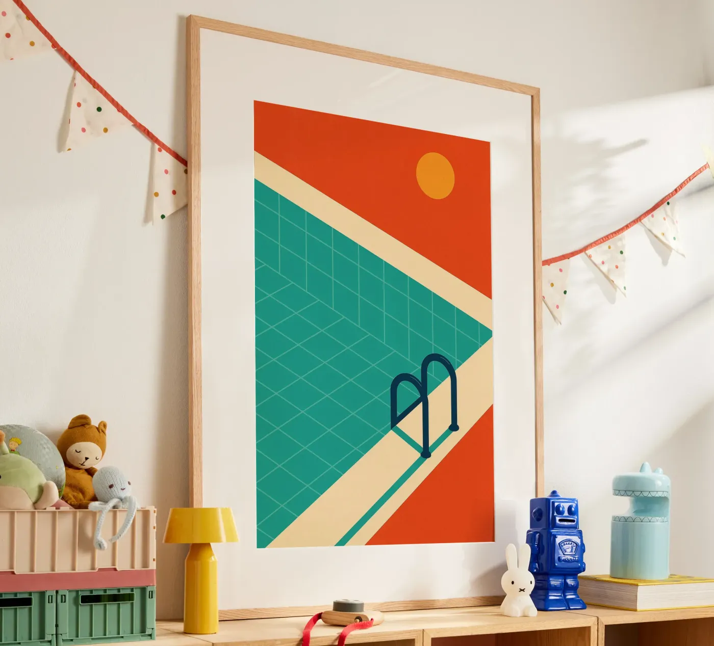 Piscina minimalista retrò con sole arancione carta hahnemühle da JETLAG | affiches voyage