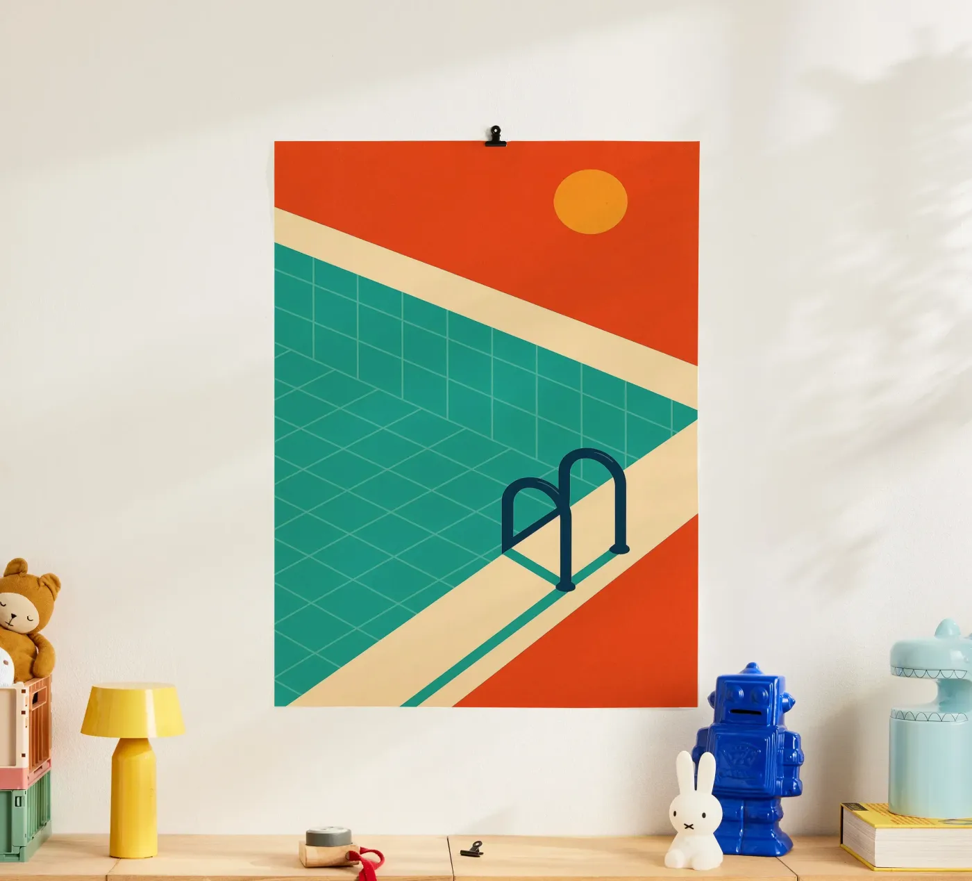 Piscina minimalista retrò con sole arancione carta hahnemühle da JETLAG | affiches voyage