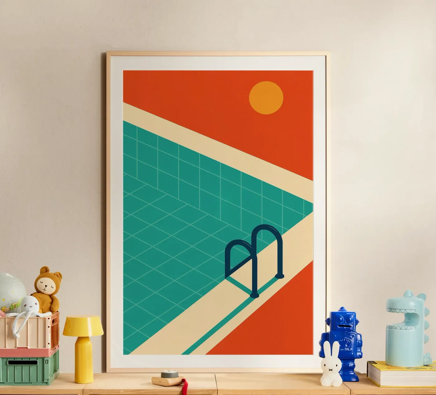 Piscina minimalista retrò con sole arancione carta hahnemühle da JETLAG | affiches voyage