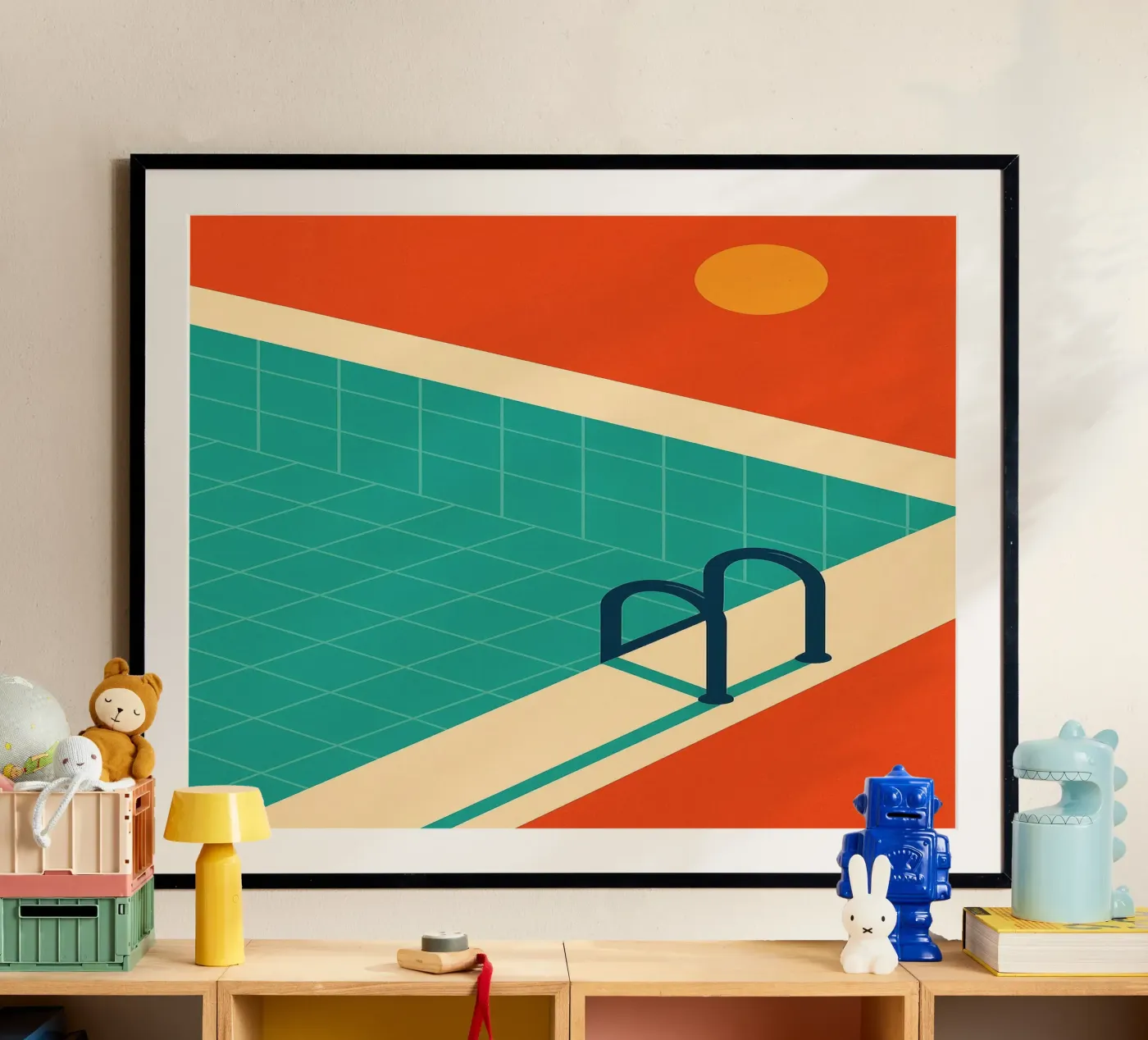 Piscina minimalista retrò con sole arancione carta hahnemühle da JETLAG | affiches voyage