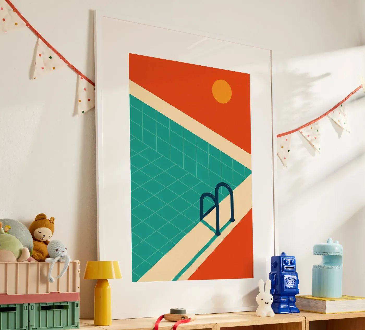 Piscina minimalista retrò con sole arancione carta hahnemühle da JETLAG | affiches voyage