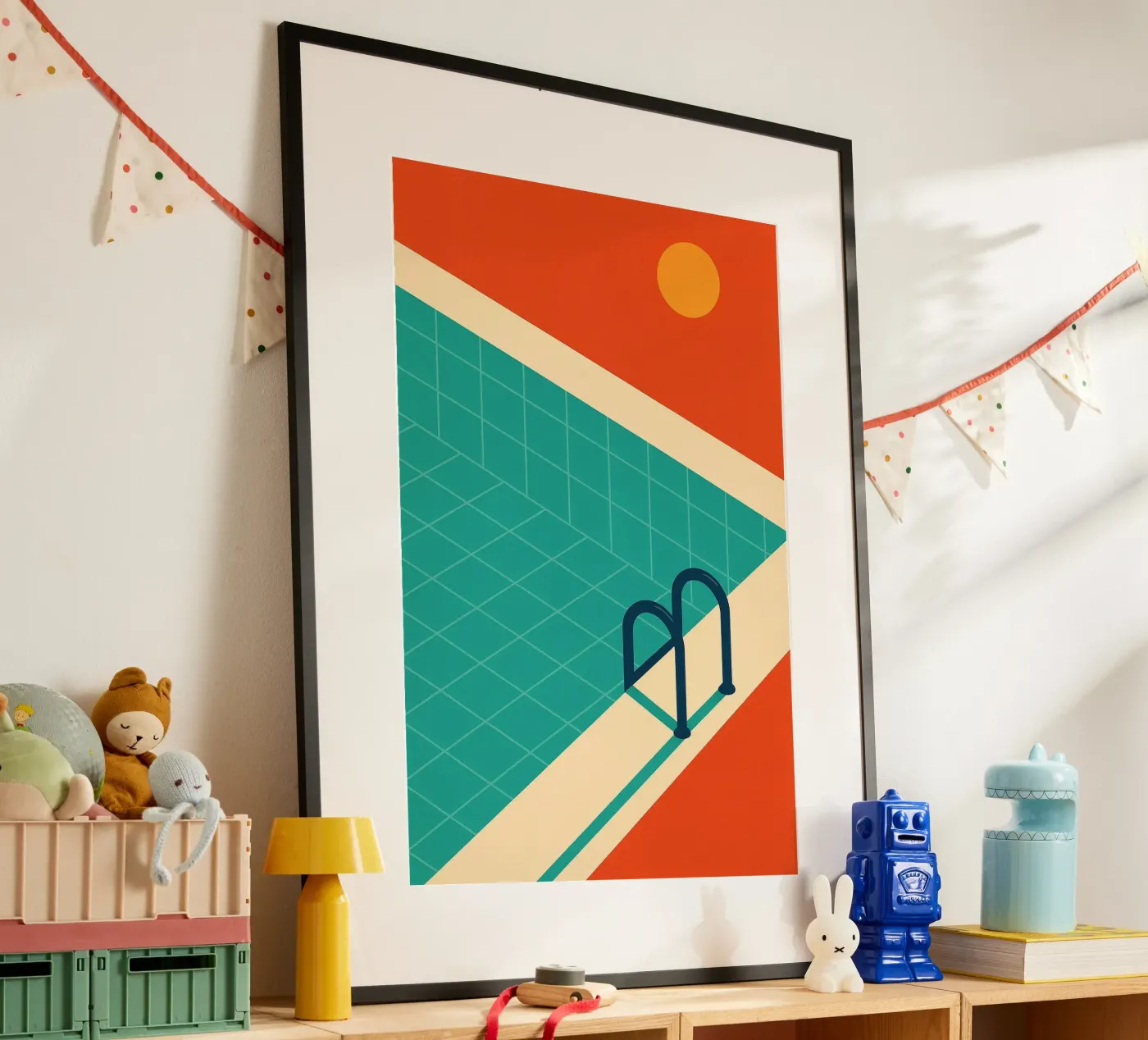 Piscina minimalista retrò con sole arancione carta hahnemühle da JETLAG | affiches voyage