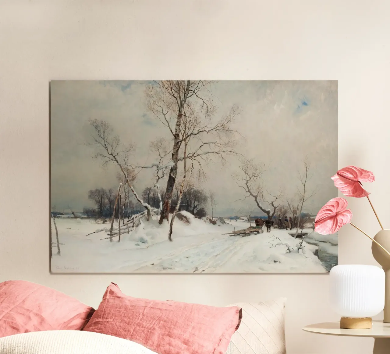 George Inness Paesaggio invernale - Strada innevata e viaggiatori poster con telaio in plastica da ClubArt
